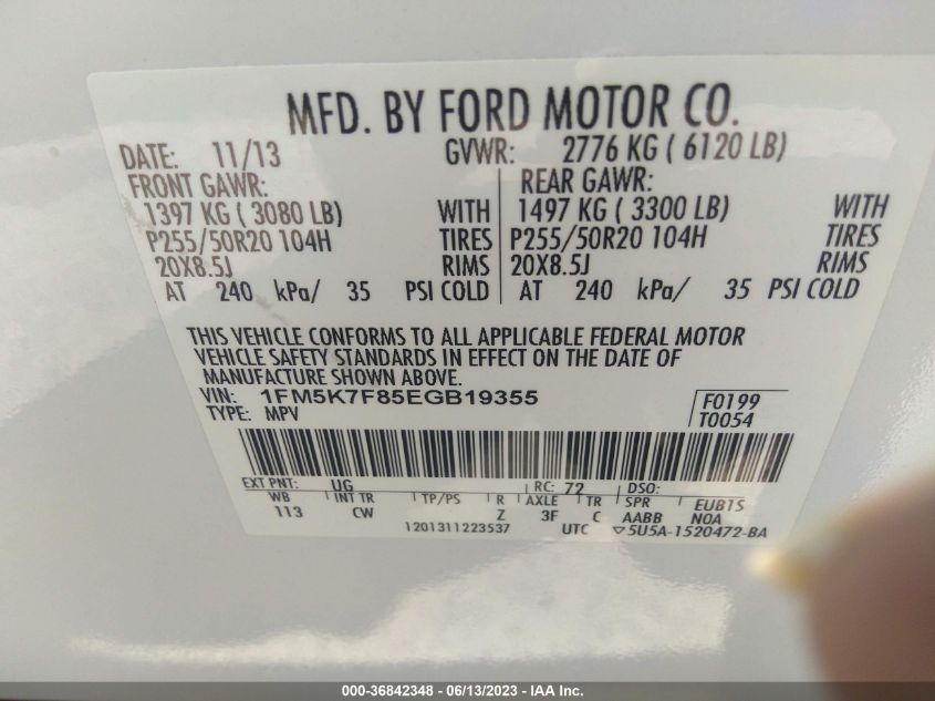 2014 FORD EXPLORER LIMITED - 1FM5K7F85EGB19355