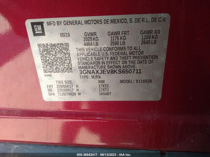2019 CHEVROLET EQUINOX LT - 3GNAXJEV8KS650711