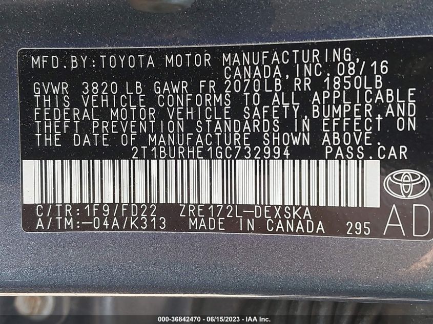 2016 TOYOTA COROLLA L/LE/LE PLS/PRM/S/S PLS - 2T1BURHE1GC732994