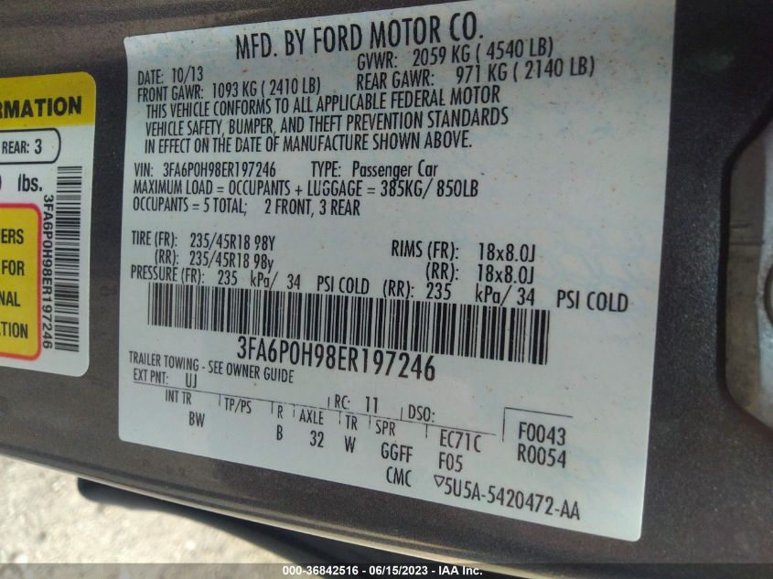 2014 FORD FUSION SE - 3FA6P0H98ER197246