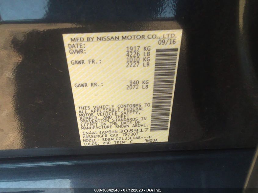 2017 NISSAN ALTIMA 2.5 S - 1N4AL3AP6HN308917