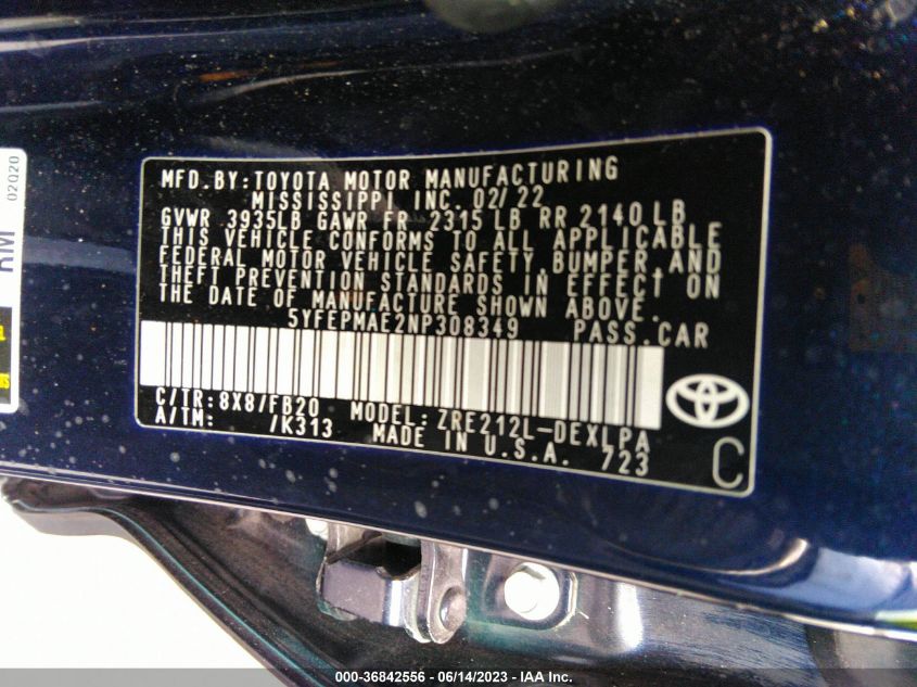 2022 TOYOTA COROLLA LE - 5YFEPMAE2NP308349