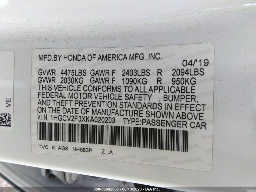 2019 HONDA ACCORD SEDAN SPORT 2.0T - 1HGCV2F3XKA020203