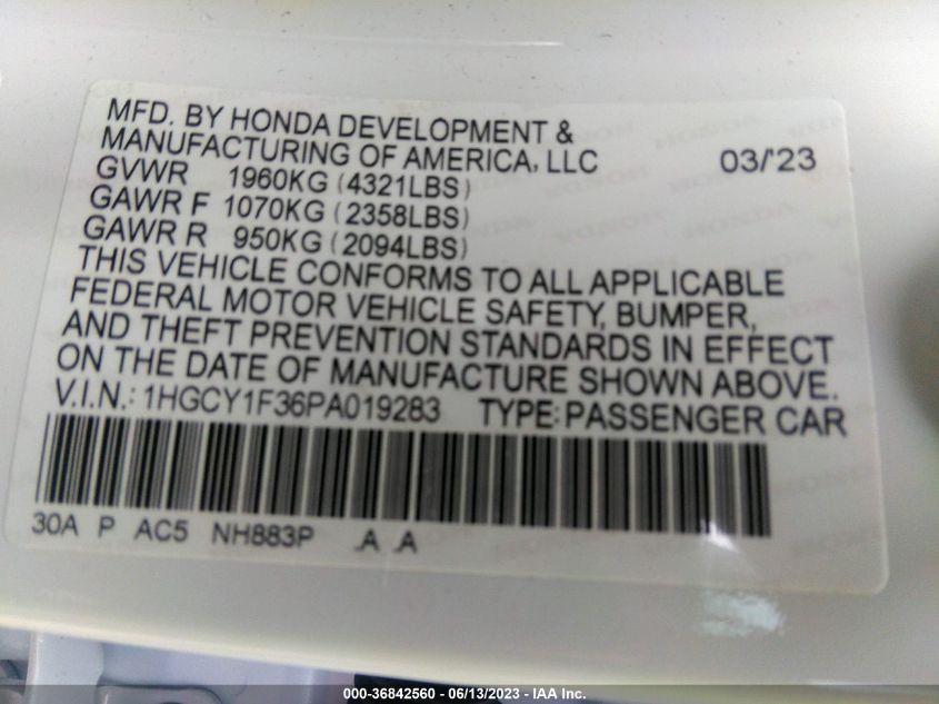 2023 HONDA ACCORD SEDAN EX - 1HGCY1F36PA019283