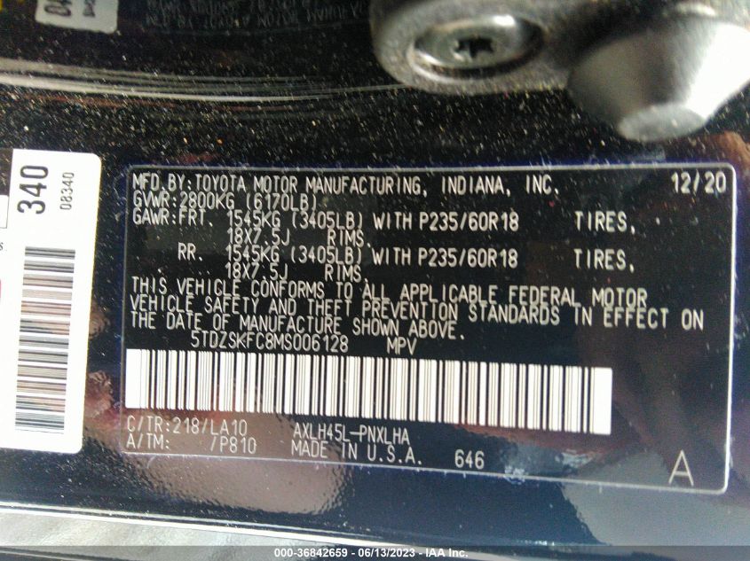 2021 TOYOTA SIENNA LIMITED/PLATINUM - 5TDZSKFC8MS006128