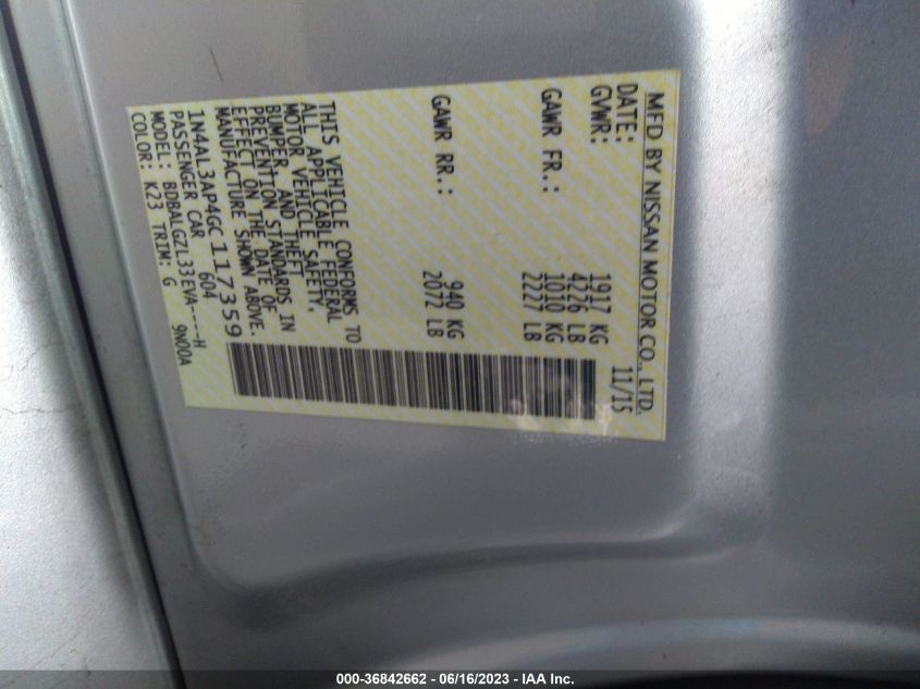 2016 NISSAN ALTIMA 2.5 S - 1N4AL3AP4GC117359