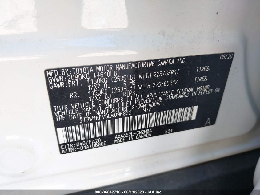 2020 TOYOTA RAV4 XLE - 2T3W1RFV5LW096822