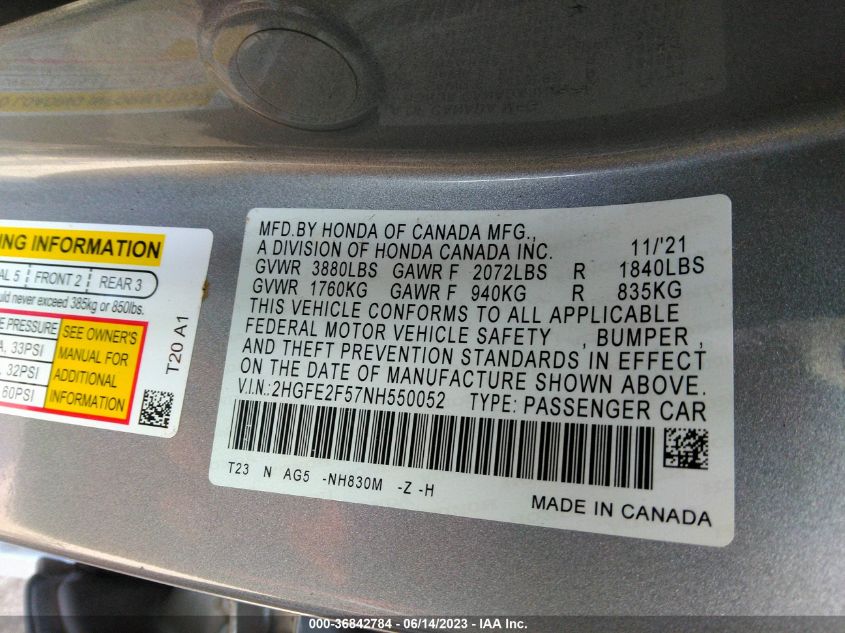 2022 HONDA CIVIC SEDAN SPORT - 2HGFE2F57NH550052
