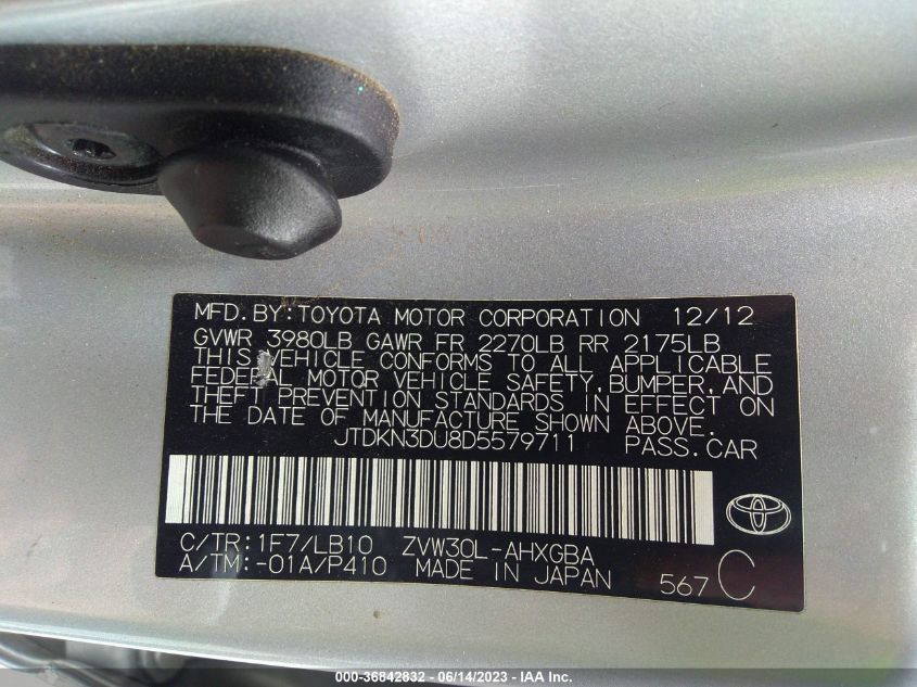 2013 TOYOTA PRIUS ONE/TWO/THREE/FOUR/FIVE - JTDKN3DU8D5579711