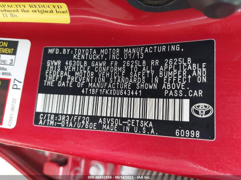 2013 TOYOTA CAMRY L/LE/SE/XLE - 4T1BF1FKXDU643441