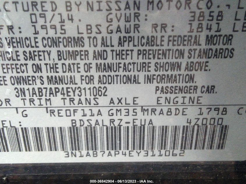 2014 NISSAN SENTRA SR - 3N1AB7AP4EY311062
