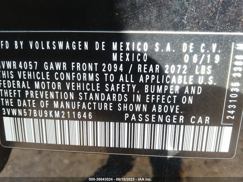 VIN 3VWN57BU9KM211646 2019 VOLKSWAGEN JETTA S