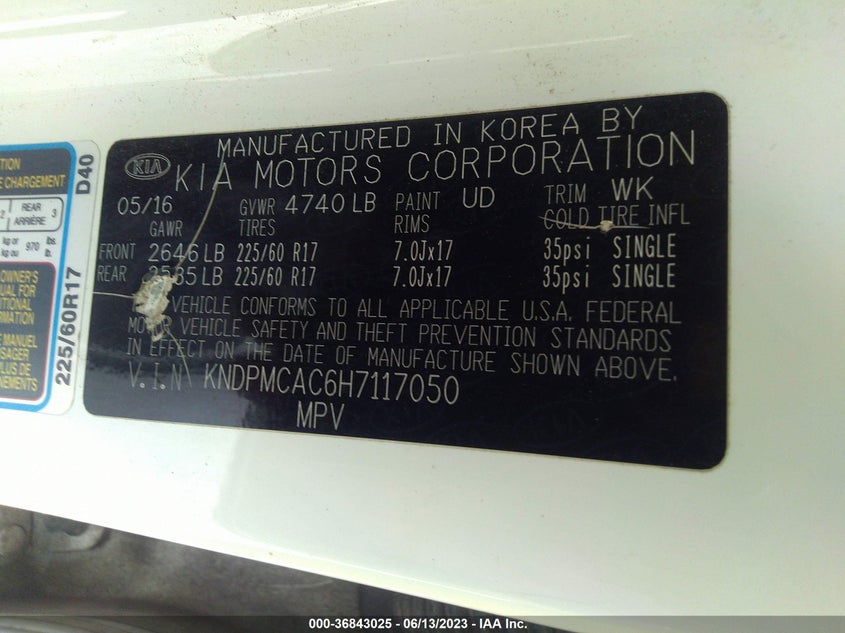 VIN KNDPMCAC6H7117050 2017 KIA SPORTAGE LX