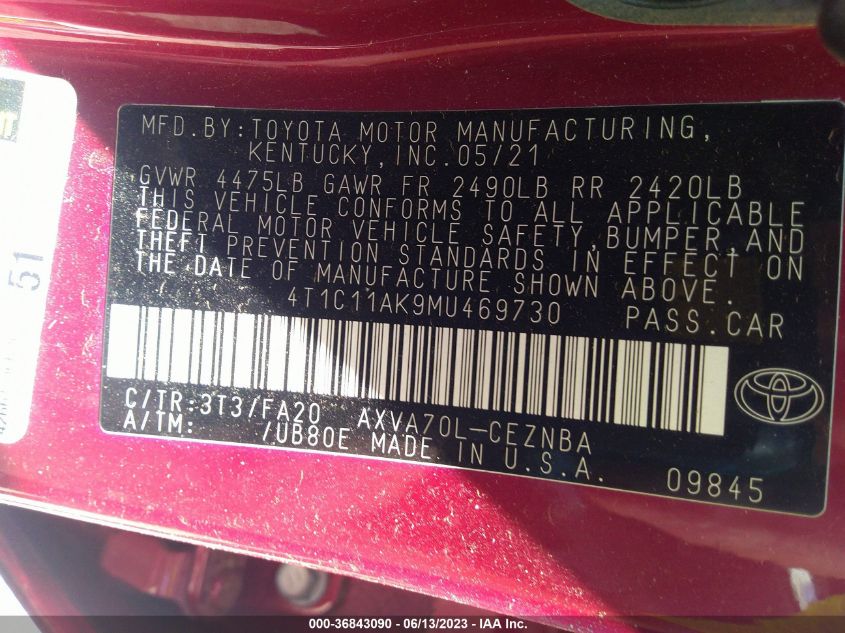 2021 TOYOTA CAMRY LE - 4T1C11AK9MU469730