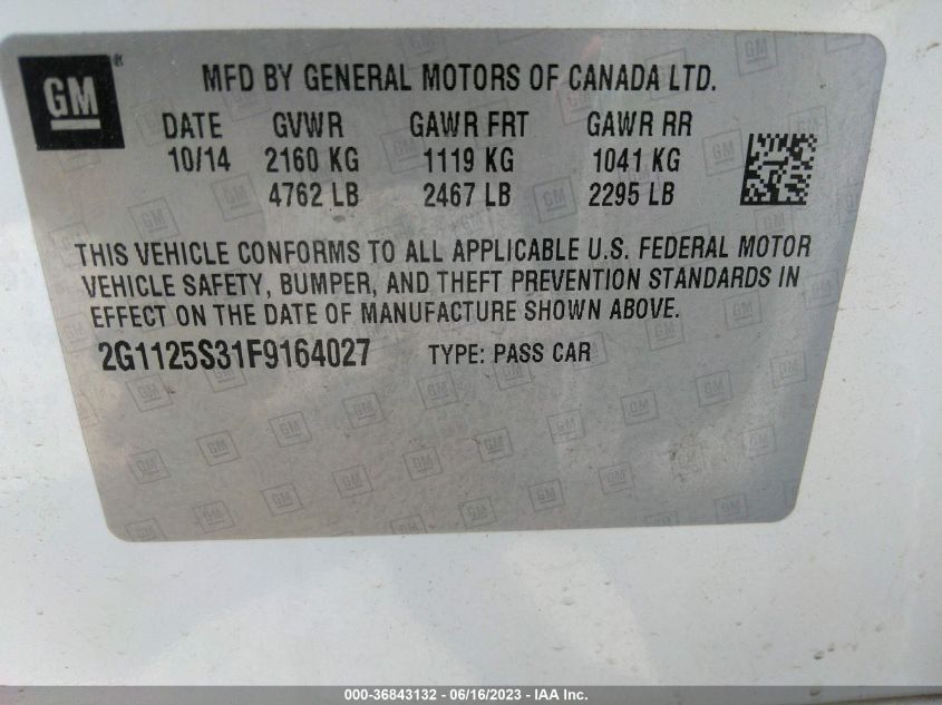 2015 CHEVROLET IMPALA LT - 2G1125S31F9164027
