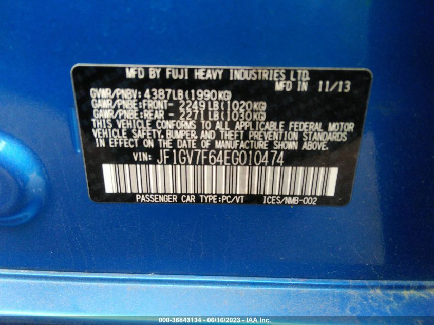 2014 SUBARU IMPREZA SEDAN WRX WRX PREMIUM JF1GV7F64EG010474