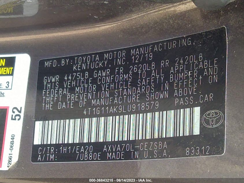 2020 TOYOTA CAMRY SE - 4T1G11AK9LU918579