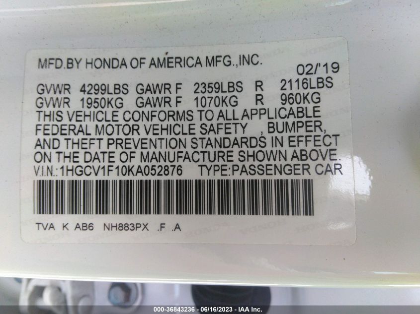 2019 HONDA ACCORD SEDAN LX 1.5T - 1HGCV1F10KA052876