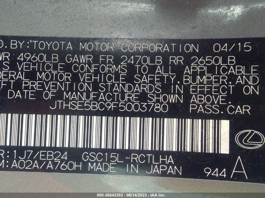 2015 LEXUS RC 350 - JTHSE5BC9F5003780