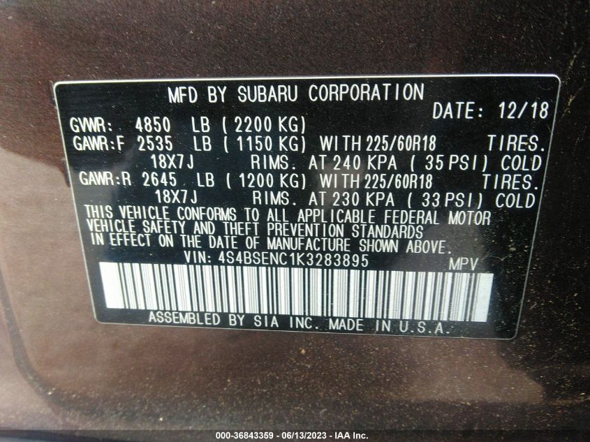 2019 SUBARU OUTBACK LIMITED - 4S4BSENC1K3283895