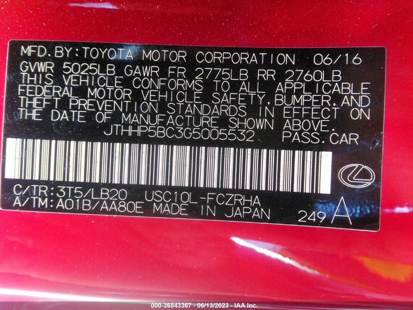 2016 LEXUS RC F - JTHHP5BC3G5005532
