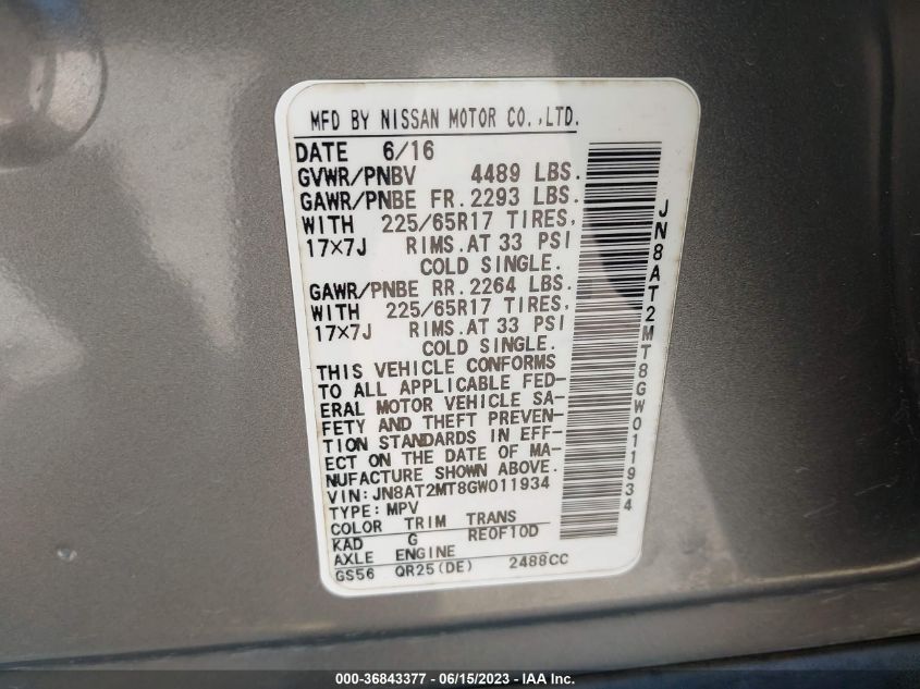 2016 NISSAN ROGUE S - JN8AT2MT8GW011934