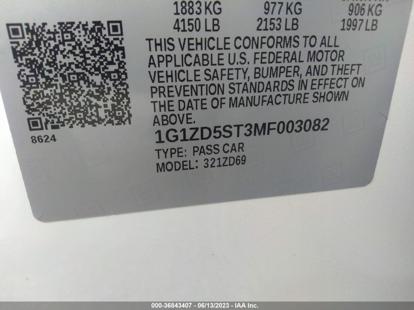 2021 CHEVROLET MALIBU LT - 1G1ZD5ST3MF003082