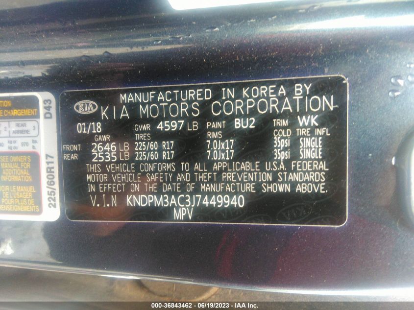 2018 KIA SPORTAGE LX - KNDPM3AC3J7449940