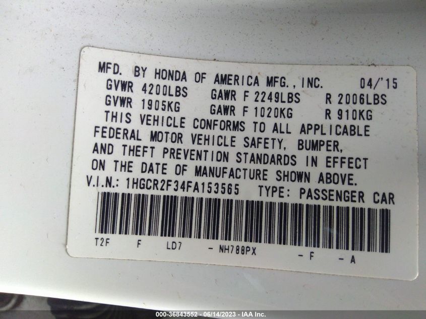 2015 HONDA ACCORD SEDAN LX - 1HGCR2F34FA153565