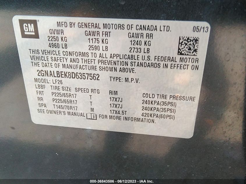 2013 CHEVROLET EQUINOX LS - 2GNALBEK8D6357562