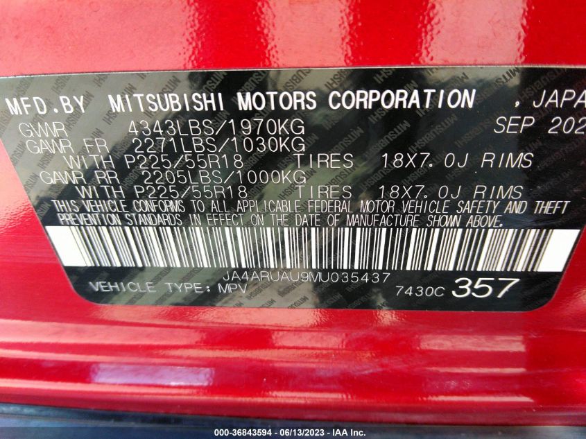 2021 MITSUBISHI OUTLANDER SPORT ES/SE/LE/BE - JA4ARUAU9MU035437