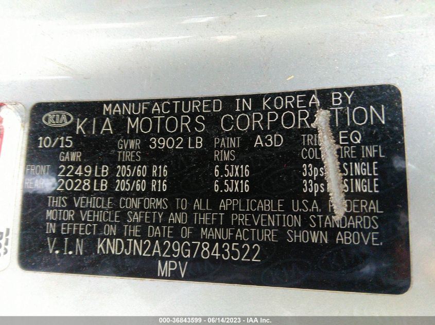 2016 KIA SOUL BASE - KNDJN2A29G7843522