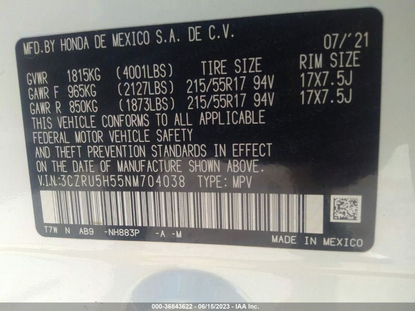 2022 HONDA HR-V EX - 3CZRU5H55NM704038