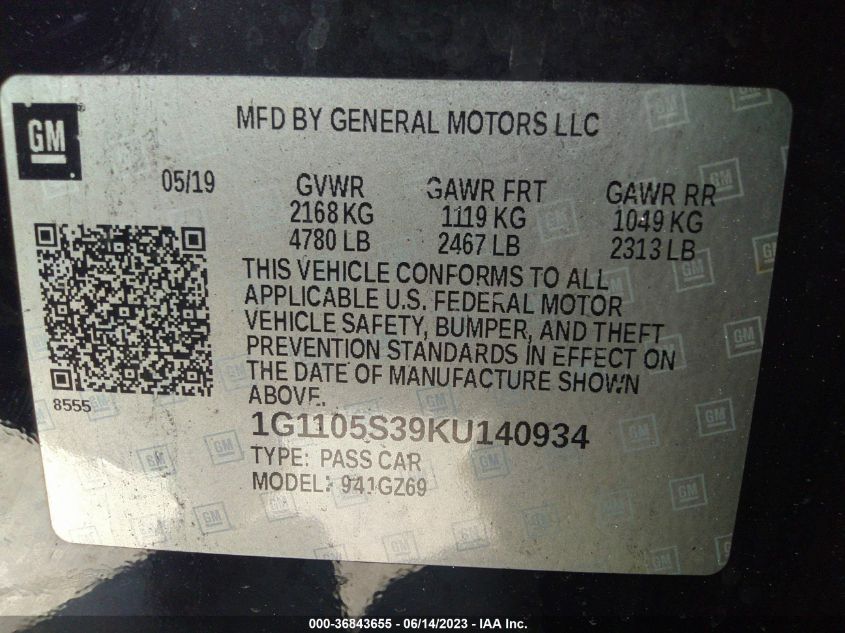 2019 CHEVROLET IMPALA PREMIER - 1G1105S39KU140934