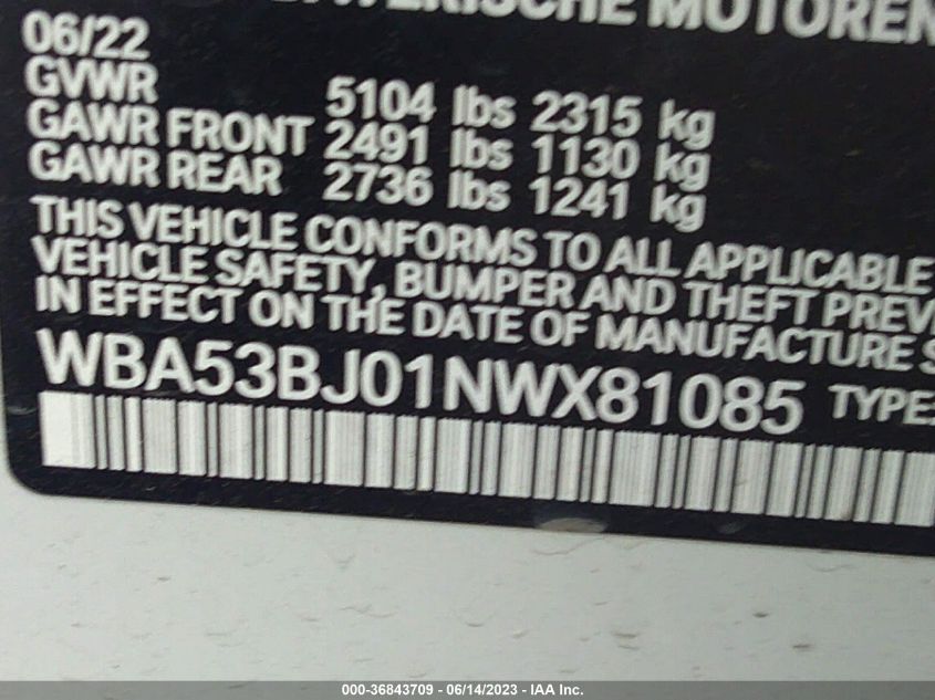 2022 BMW 5 SERIES 540I - WBA53BJ01NWX81085