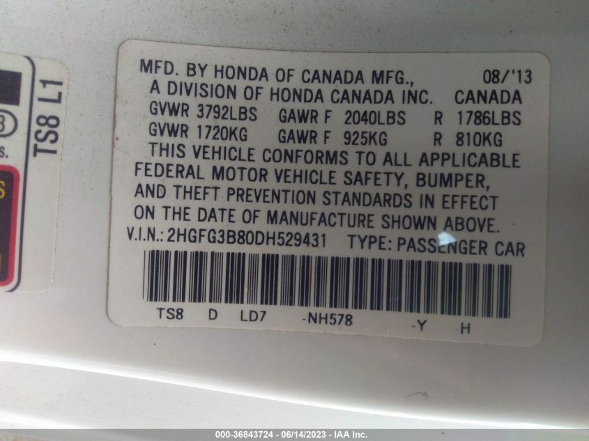 2013 HONDA CIVIC CPE EX - 2HGFG3B80DH529431