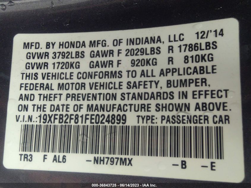 2015 HONDA CIVIC SEDAN EX - 19XFB2F81FE024899