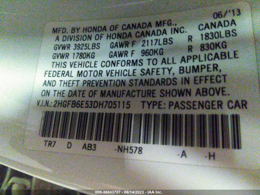 2013 HONDA CIVIC SDN SI - 2HGFB6E53DH705115