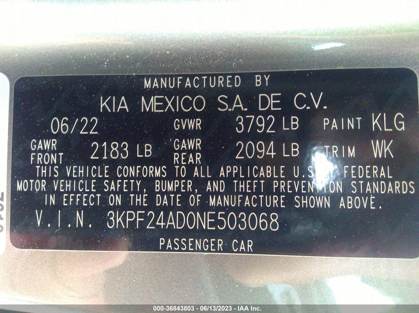 VIN 3KPF24AD0NE503068 2022 KIA FORTE LXS
