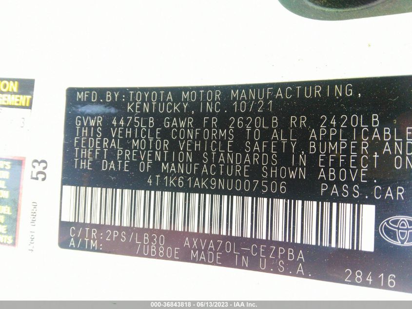 2022 TOYOTA CAMRY XSE - 4T1K61AK9NU007506