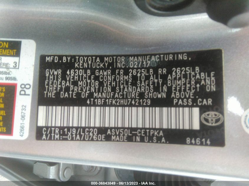 2017 TOYOTA CAMRY XLE/SE/LE/XSE - 4T1BF1FK2HU742129