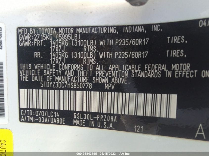 2017 TOYOTA SIENNA XLE/LIMITED - 5TDYZ3DC7HS850778