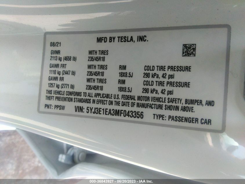 2021 TESLA MODEL 3 STANDARD RANGE PLUS - 5YJ3E1EA3MF043356