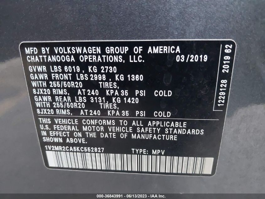 2019 VOLKSWAGEN ATLAS 3.6L V6 SEL - 1V2MR2CA5KC552827
