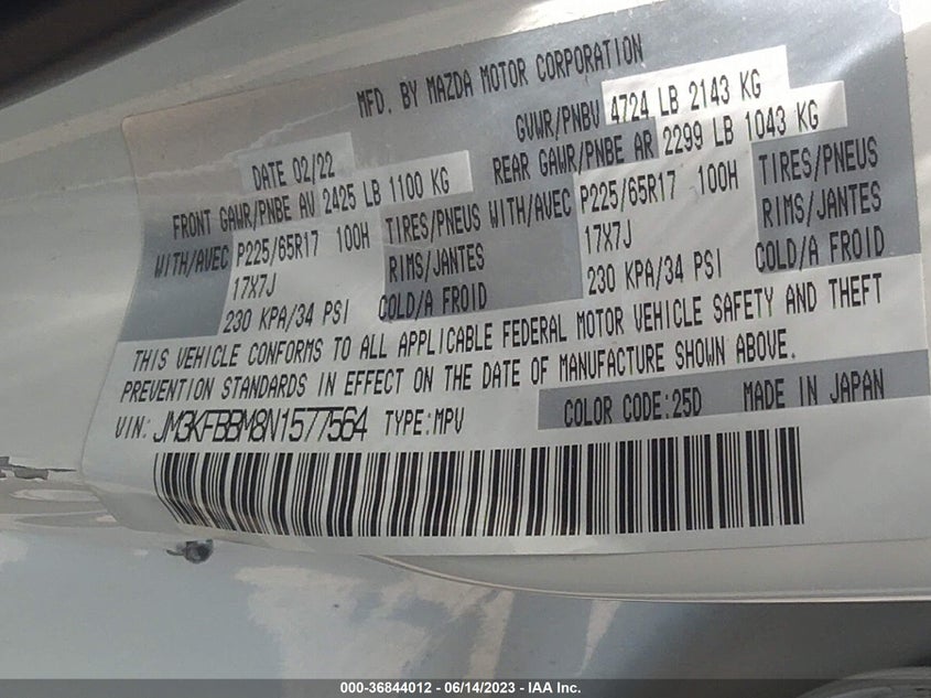 VIN JM3KFBBM8N1577564 2022 MAZDA CX-5 2.5 S SELECT PACKAGE