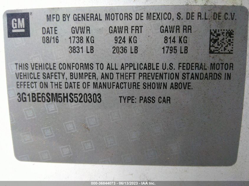 2017 CHEVROLET CRUZE LT - 3G1BE6SM5HS520303