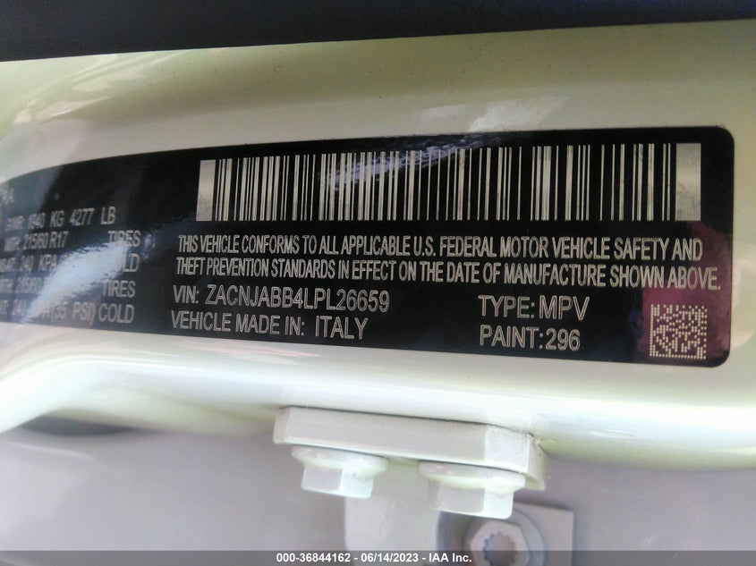 VIN ZACNJABB4LPL26659 2020 JEEP RENEGADE LATITUDE