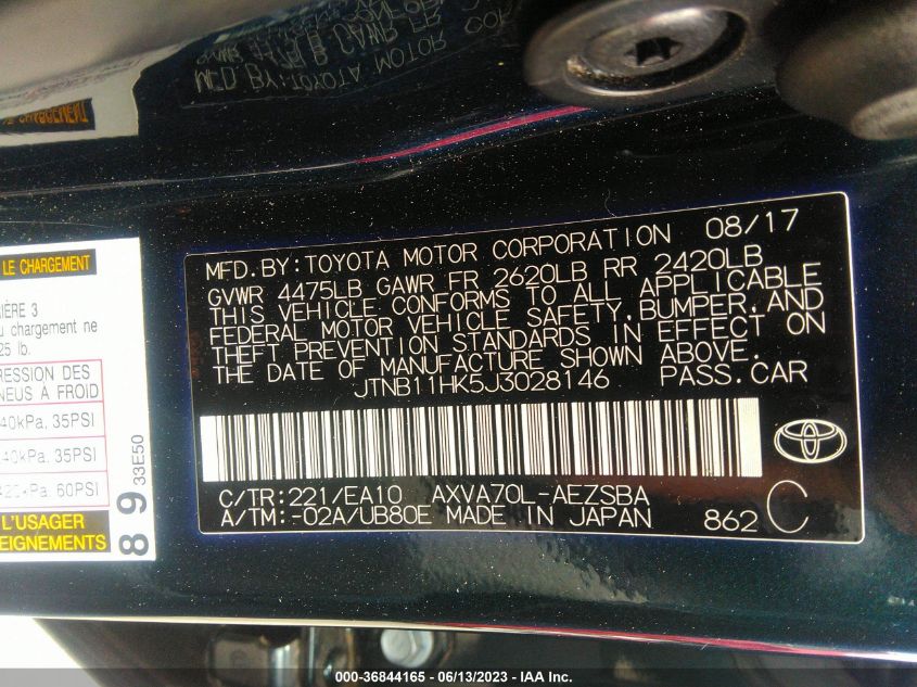 2018 TOYOTA CAMRY LE/SE/XLE/L - JTNB11HK5J3028146