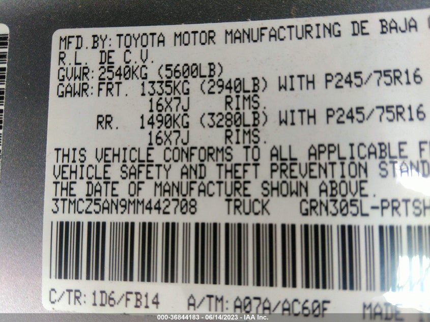 VIN 3TMCZ5AN9MM442708 2021 TOYOTA TACOMA 4WD SR/SR5/TRD SPORT