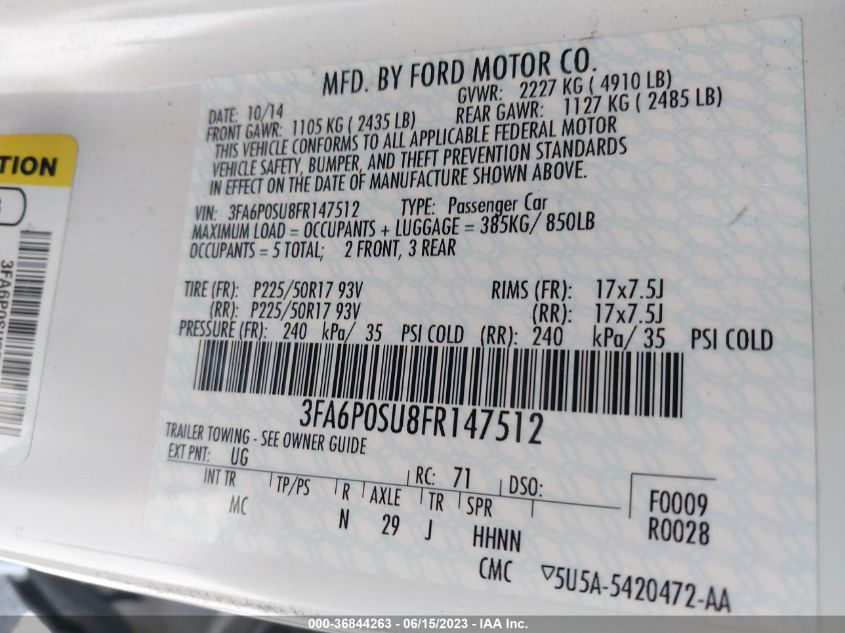 2015 FORD FUSION ENERGI TITANIUM - 3FA6P0SU8FR147512